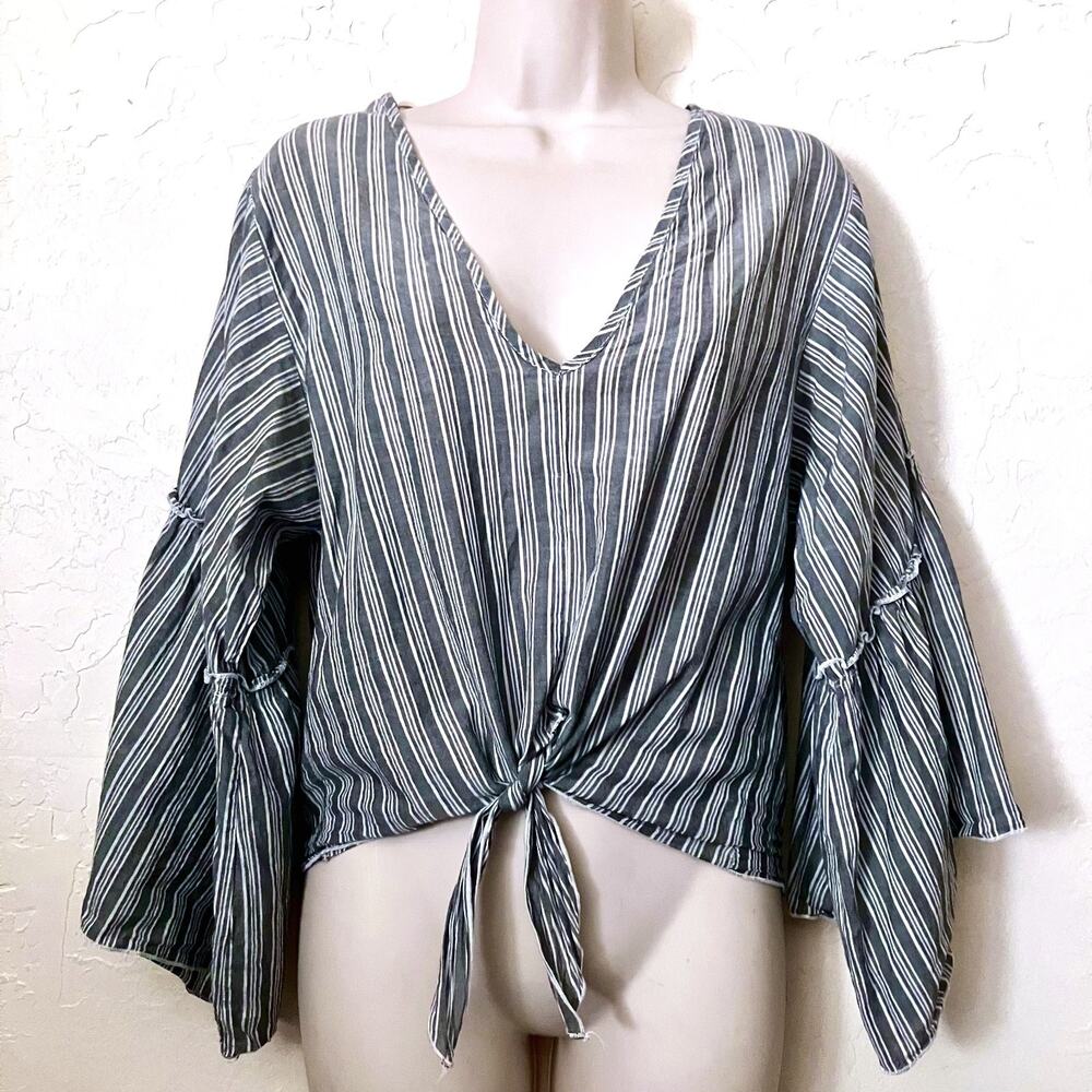 Boho Striped Tie Front Crop Top Bell Sleeve Cotton Sz S Festival Lavender Field